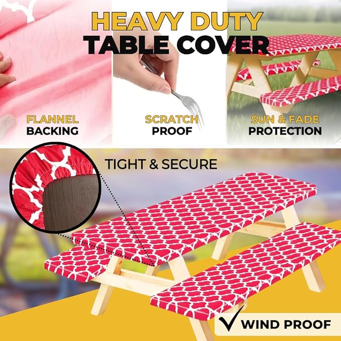 RNOONY Fitted Vinyl Picnic Table Cover with Bench Covers and Bag, 6ft Outdoor Waterproof Windproof Picnic Tablecloth with Elastic Edges. Camping RV Gear Must Have 72x30 Inches 3 Pcs Set (Red Moroccan)