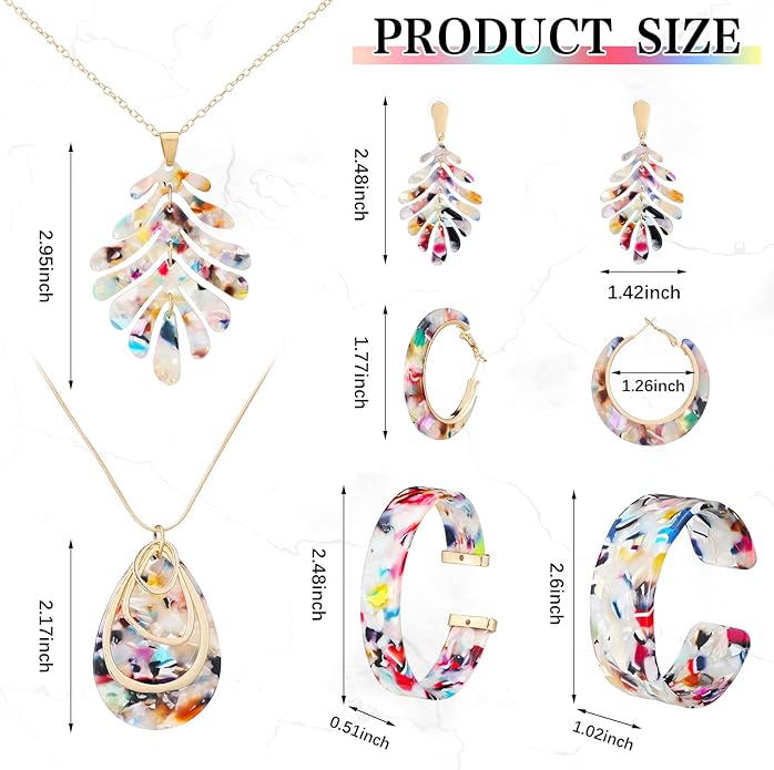 Highergo 8 Pcs Acrylic Jewelry Set Women Statement Earrings Necklace Bracelet Marble Texture Floral Necklace Set for Women