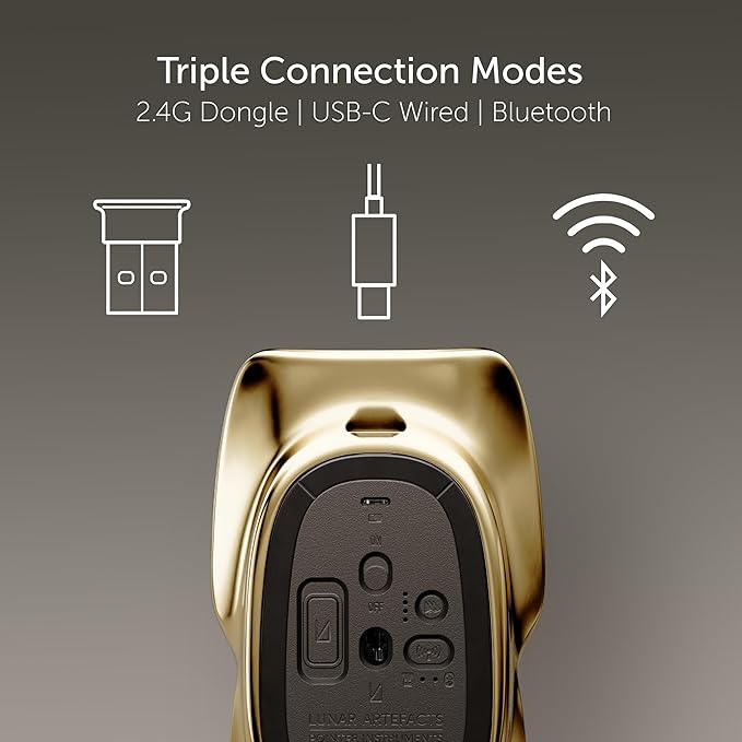 LUNAR ARTEFACTS Ambidextrous Rechargeable Bluetooth Wireless Computer Mouse Brown French Leather and Gold Tone Plated Aluminum, Qi Enabled USB-C