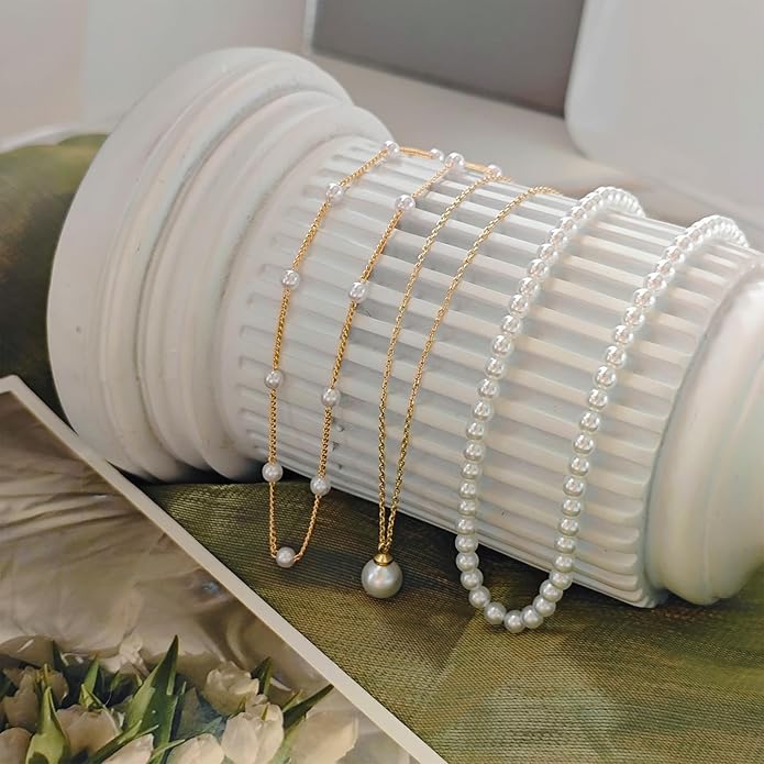 OGD Gold Pearl Necklaces Set for Women 14K Gold Plated Dainty Layered Pearl Cute Daisy Pearl Choker Gold Necklace Gifts for Women Gold Trendy Jewelry Gifts