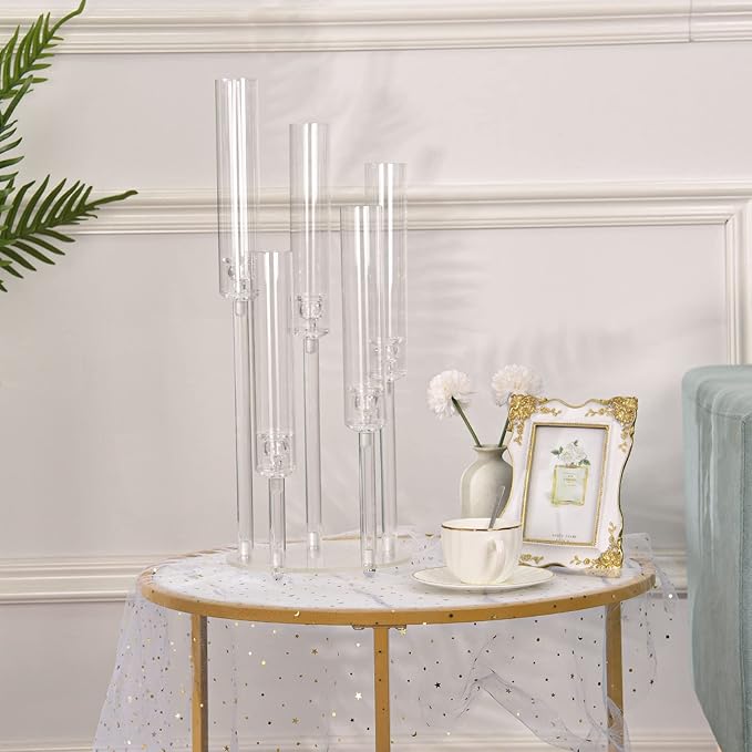 20PCS Acrylic Candlestick Holder for Table Centerpiece, 5 Arm Clear Candelabra Wedding Centerpiece with Removable Lampshade for Brithday Party Easter Living Room Fireplace Decor fit 0.8 led Candle