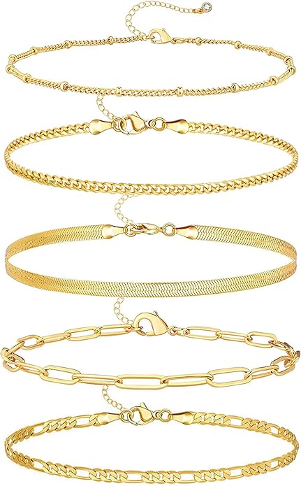 iF YOU Gold Ankle Bracelets for Women, 14k Gold Plated Waterproof Cuban Link Chain Anklets Set, Layered Anklet Bracelets for Women Beach Gift Adjustable Size 5pc