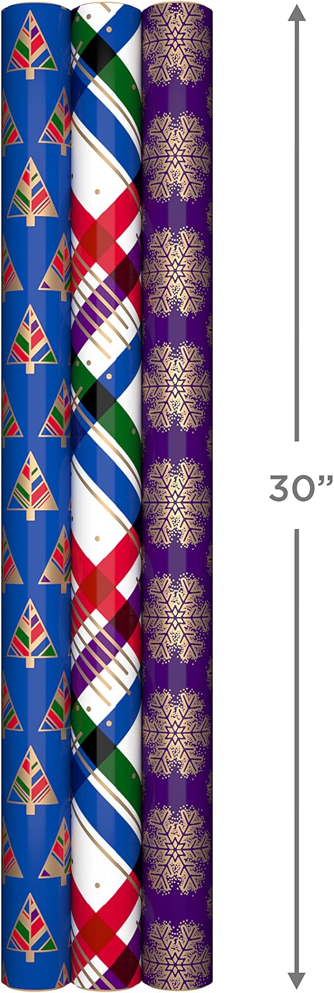 Hallmark Modern Christmas Wrapping Paper with Cutlines on Reverse (3 Rolls: 120 Sq. Ft. Total) Gold Snowflakes on Purple, Jewel-Tone Trees, Plaid Stripes