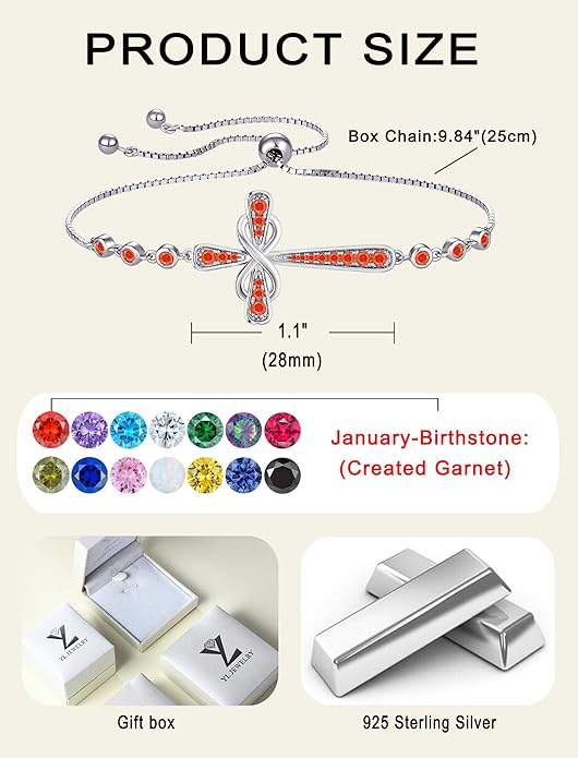 YL Cross Bracelet 925 Sterling Silver Infinity Sideways Link Bracelet Birthstone Jewelry for Women