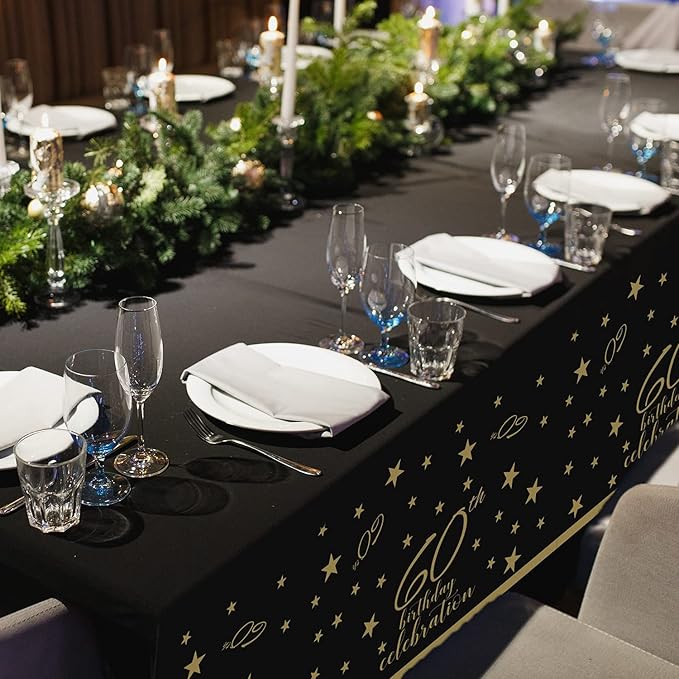 Gatherfun 60th Birthday Disposable Tablecloth 4 Pack Gold and Black Waterproof Plastic Table Cover for Men Woman 60 Birthday Party Decorations