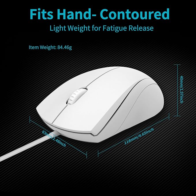 Rapoo N1600 3-Button Quiet Wired Mouse, 1000DPI Optical Mouse, Quiet Button, Ergonomic Shape, for Desktop Computers Laptops, Matte White