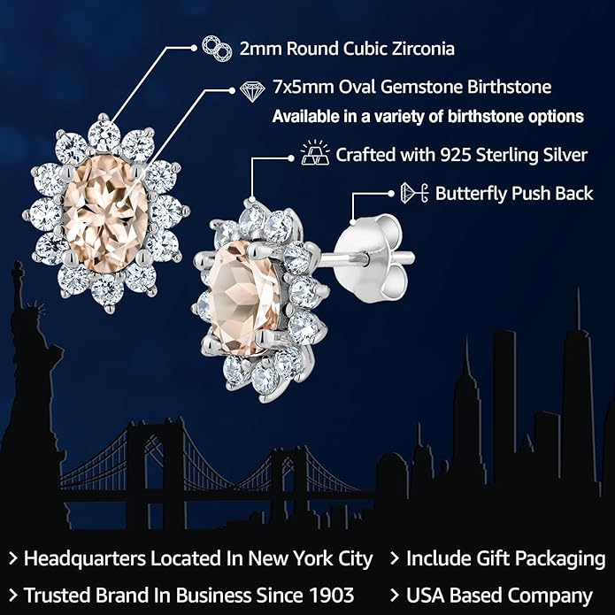 Gem Stone King 7X5MM Oval Gemstone Birthstone Stud Earrings For Women | Princess Diana Royal Halo Style | 925 Sterling Silver | Fine Jewelry Gifts for Anniversary Wedding Her Mom Women Wife