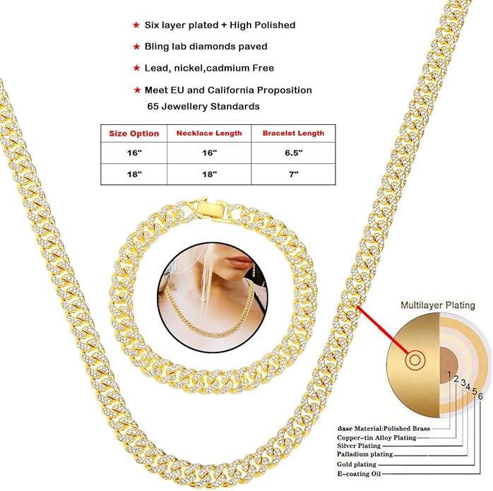 HH BLING EMPIRE 14k Gold/Silver Cuban Link Chain for Women Iced Out Diamond Chunky Cuban Link Necklace Chain Bracelet 2pcs Sets