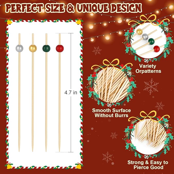 200PCS Christmas Cocktail Picks, Fancy Bamboo Toothpicks for Appetizers Drinks Food Fruit, 4.7 IN Wooden Pearl Skewers Charcuterie Sticks, Christmas Party Supplies Decorations (Red/Green/Gold/Silver)