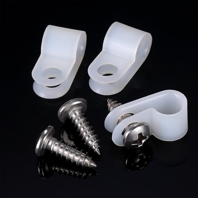 Hicarer 50 Pack R-Type Cable Clip Wire Clamp, Nylon Screw Mounting Cord Fastener Clips with 50 Pack Screws for Wire Management (White, 1/4 Inch)