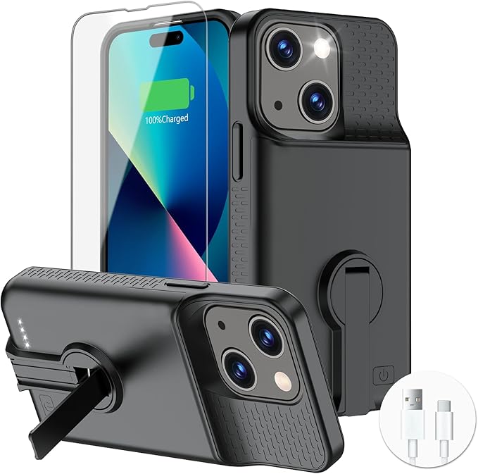 Battery Case for iPhone 15/15 Pro, Charging Case with Stand 7000mAh Rechargeable Ultra-Slim Anti-Fall Protection Extended Battery Pack Charger Cover for iPhone 15/15 Pro Battery Case 6.1" Black