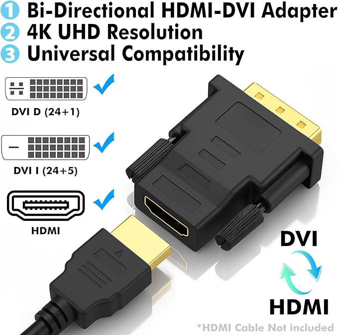 DVI to HDMI Adapter, 2-Pack – Bi-Directional DVI-D Male to HDMI Female Converter – 4K/30Hz UHD Video Support for Monitor, HDTV, Projector, PC, PS4, Laptop – Gold-Plated Connectors
