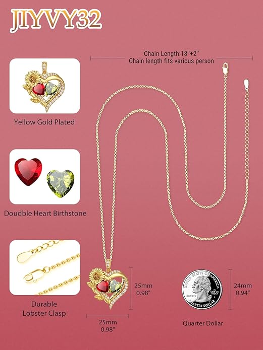 Sunflower Heart Necklace for Women 14K Gold Exquisite Valentines Day Anniversary Birthday Gifts for Wife Mother Her Double Birthstone Pendant Jewelry‘You Are My Sunshine’