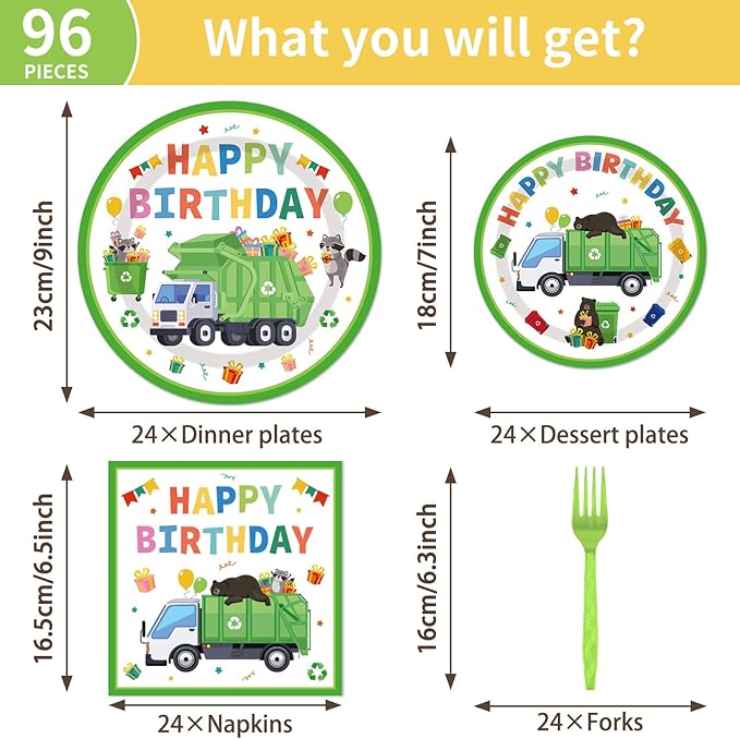 96PCS Garbage Trash Truck Plates and Napkins Party Supplies Trash Truck Birthday Party Decorations Waste Management Recycling Rubbish Truck Themed Disposable Tableware Set Serve 24 Guests