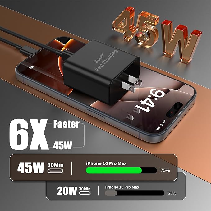 iPhone 16 Pro Max Charger Fast Charging, 45W Super Fast USB C Chargers for iPhone 16 15 6FT+6FT+10FT Type C Chargers Cord with Fast Charger Block for iPhone 16/15 Series/iPad/ GalaxyS24 Black