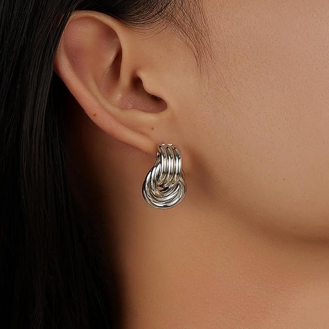 Big Chunky Knot Link Earrings for Women Silver Circle Geometric Drop Dangle Earring Stud