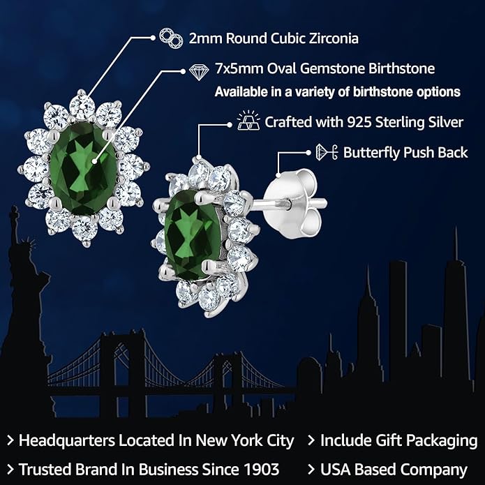 Gem Stone King 7X5MM Oval Gemstone Birthstone Stud Earrings For Women | Princess Diana Royal Halo Style | 925 Sterling Silver | Fine Jewelry Gifts for Anniversary Wedding Her Mom Women Wife