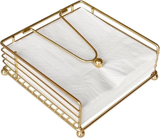 Napkin Holder for Table, Flat Napkin Dispenser with Weighted Arm, Square Cocktail Paper Holder of Elegant Rustic Iron for Kitchen Dining Room Decor Restaurant Farmhouse Hotel Party, Gold