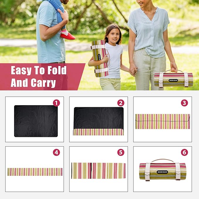 G GOOD GAIN Waterproof Picnic Blanket Portable with Carry Strap for Beach Mat or Family Outdoor Camping Party（Pickle）