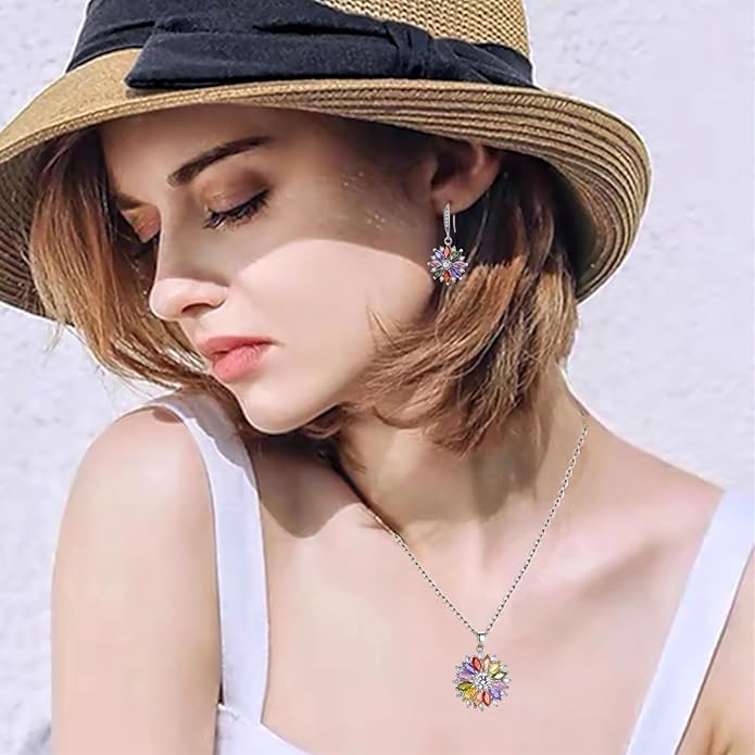 VONSSY Colorful Snowflake Pendant Necklace Earrings Rose Gold 5A Cubic Zirconia | Crystal Sweater Chain | Multi Gemstone Garnet Amethyst Morganite Peridot Prom Rhinestone Necklaces for Women Vintage Stylish Gift