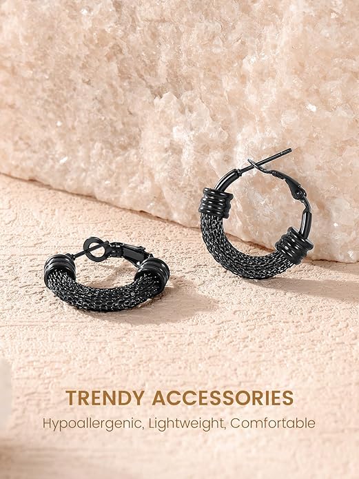 KeyStyle Mesh Hoop Earrings for Women, Stainless Steel Gold Hoops Earring Lightweight Loops, 2MM Thick Hypoallergenic Circle Endless Hollow Hoop 20mm-80mm