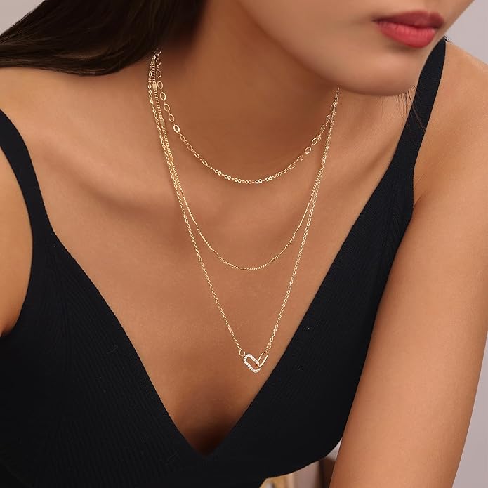 Evabelle Gold Layered Necklace for Women Trendy Jewelry 14K Real Gold Plated Chunky Chain Stackable Necklaces Dainty Choker Necklaces Rectangle Square Pendant