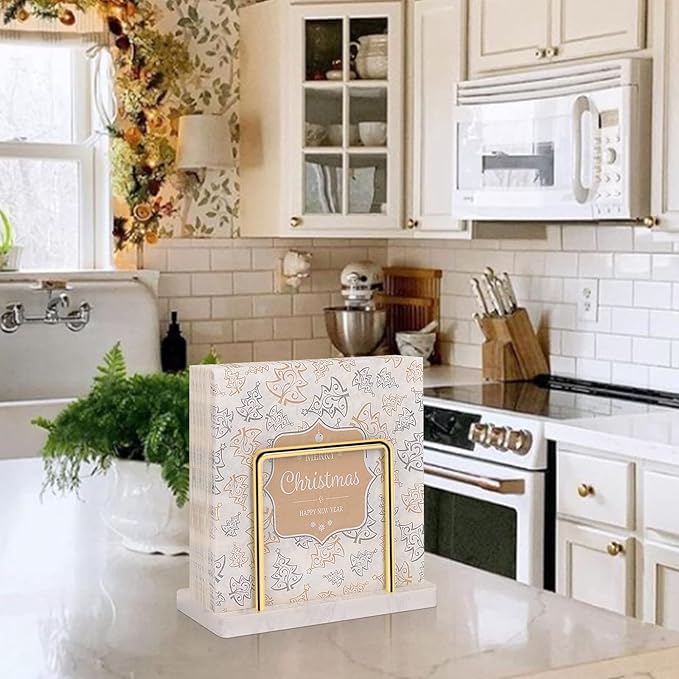 Livabber Napkin Holder, Metal Napkin Storage Modern Freestanding Tissue Paper Dispenser for Table Kitchen Countertop (Marble Base, Gold)