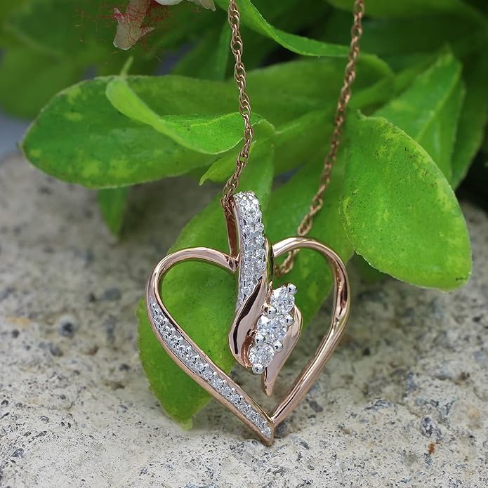 3 Stone Heart Pendant Necklace for Women in 14K Gold Over 925 Sterling Silver, Natural Diamond, Moissanite or Lab-Grown Diamond (0.25 Ct), Dainty Jewelry Gift with 18" Chain for Her Valentine’s Day