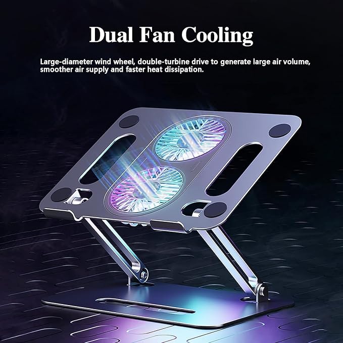 Adjustable Laptop Stand with Cooling Fan, Aluminium Alloy Multi-Angle Computer Holder for Desk, Portable Notebook Metal Mount All Laptops 11"-17.3"-Grey