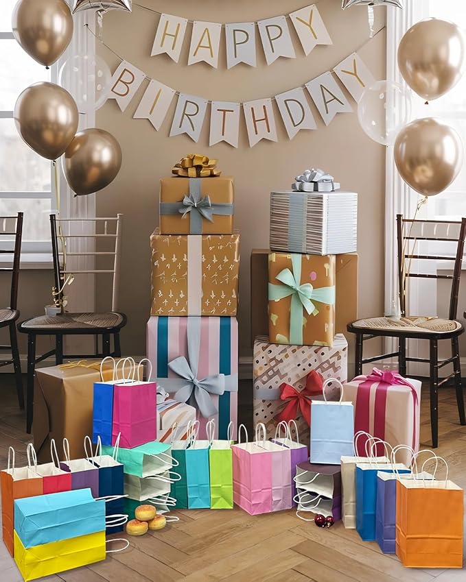 qiqee 48PCS Medium Gift Bag with Handles Bulk 11"x5"x8" Gift Bags 24 Different Senior Color Bags Multiple Uses (Medium Size)