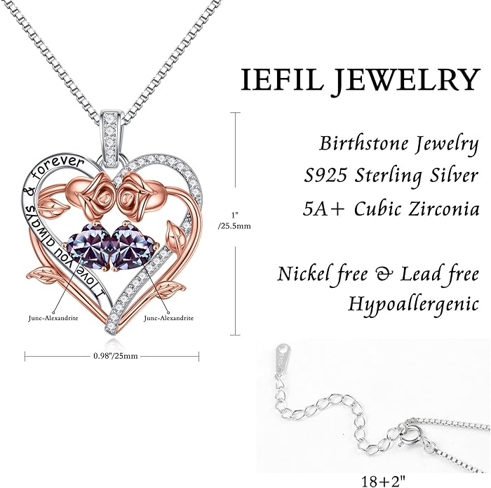 Iefil Valentines Gifts for Her Wife Women - Rose Heart Double Birthstone Necklace Gift for Wife Girlfriend Her Women, Birthstone Jewelry Gemstone Birthday Gifts for Mom Grandma Her