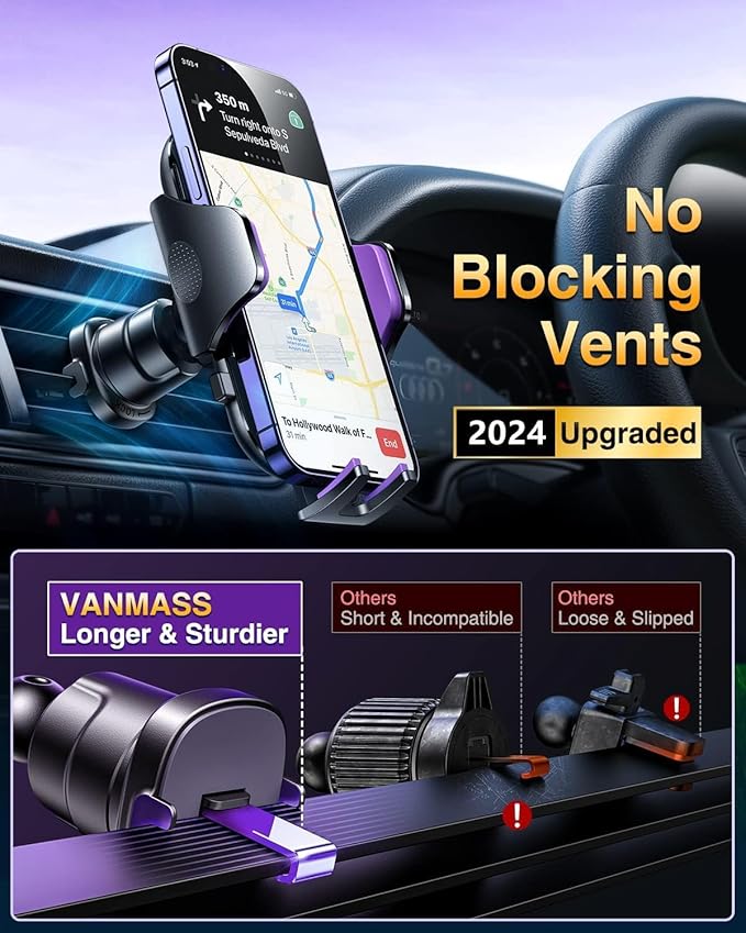 VANMASS [Longest Lasting] True Military-Grade Car Phone Holder Strongest Suction & Clip Cell Mount Dashboard Windshield Vent Automobile Cradle Truck Accessories for iPhone 16 15 Pro Max 14 13 Android