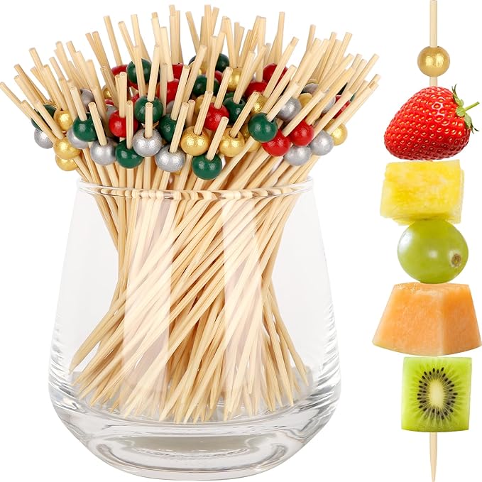 200PCS Christmas Cocktail Picks, Fancy Bamboo Toothpicks for Appetizers Drinks Food Fruit, 4.7 IN Wooden Pearl Skewers Charcuterie Sticks, Christmas Party Supplies Decorations (Red/Green/Gold/Silver)
