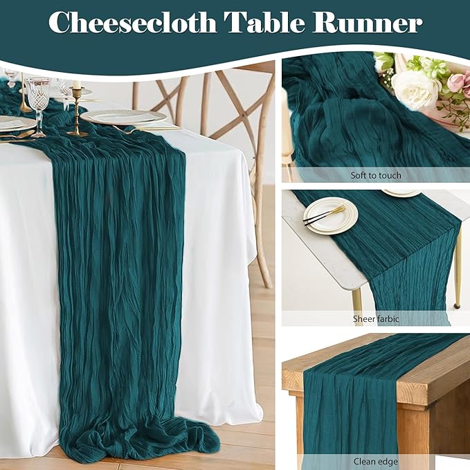 2 Pack 10 Ft Cheesecloth Table Runner Teal Gauze Long Table Runners Boho Gauze Cheese Cloth Table Runner Rustic Sheer Runner for Wedding Party Table Decor ( 35 x 120 Inch )