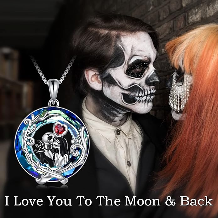 LILALO Nightmare Necklace Sterling Silver Abalone Shell Crystal Jack and Sally Necklace Jack Skellington Skull Jewelry Skull Necklaces for Women