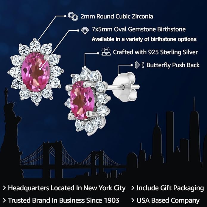 Gem Stone King 7X5MM Oval Gemstone Birthstone Stud Earrings For Women | Princess Diana Royal Halo Style | 925 Sterling Silver | Fine Jewelry Gifts for Anniversary Wedding Her Mom Women Wife