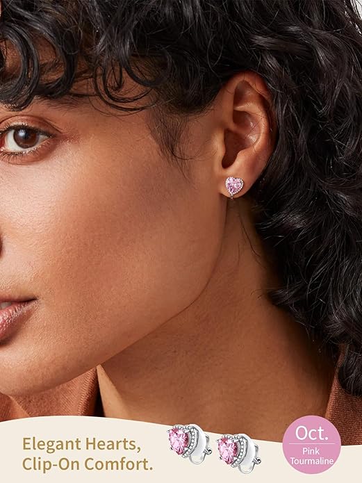 FindChic Sparkling Birthstone Clip On Earrings for Women, Silver Plated Stud Earrings 8MM Cubic Zirconia Non Pierced Studs, 12 Months Birthday Jewelry Gift