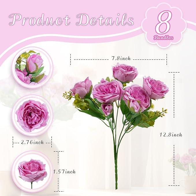 8 Packs Artificial Peonies Silk Flowers: Faux Peony Bouquet 8 Bundles, Fake Peonies Flowers Bulk for Centerpiece Table Wedding Party Home Decor for Vase Decoration (Light Purple)
