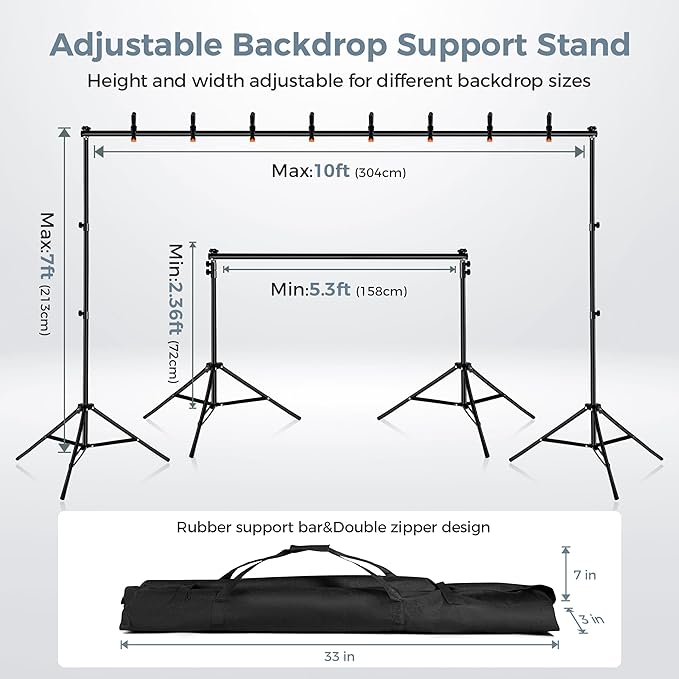 Backdrop Stand 10x7ft Adjustable Photo Backdrop Stand Kit Photography Backdrops with 4 Crossbars, Photo Studio Adjustable Background Stand for Parties/Wedding