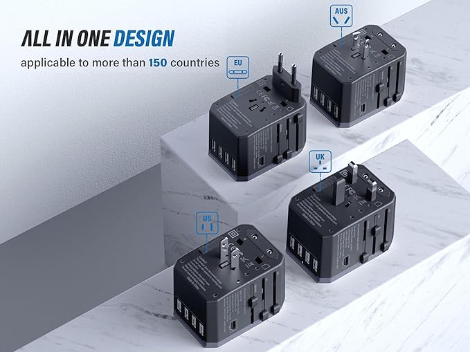 EPICKA Universal Travel Adapter, European Travel Plug Adapter (Not a Voltage Converter) - International Power Adapter Worldwide Charger with USB-C & 4 USB-A Ports, Travel Essentials (TA-105, Grey)
