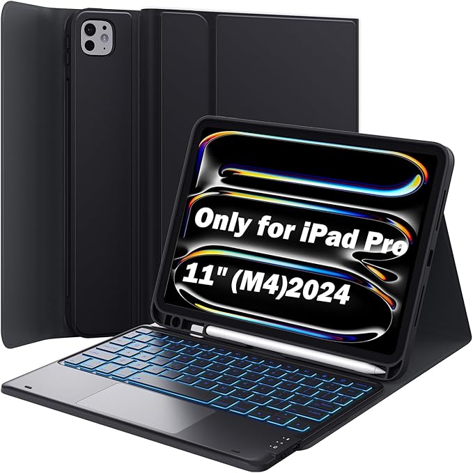 GreenLaw for iPad Pro 11 inch Case with Keyboard(M4) 2024, Detachable Wireless Keyboard Case, Stain-Resistant Surface, 7-Color Backlit, Multi-Touch Trackpad, 2 Device Connection, Black