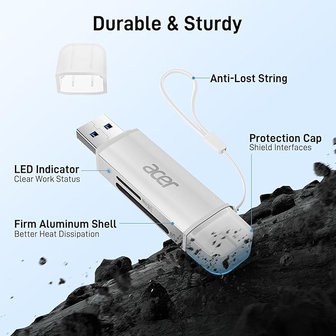acer SD Card Reader USB C, Dual Slots USB 3.0 Type C to Micro SD Card Adapter, Memory Card Reader for MicroSD, SDHC, SDXC, Compatible with Laptop, PC, iPhone16/15, MacBook, iPad Pro, Android-Silver