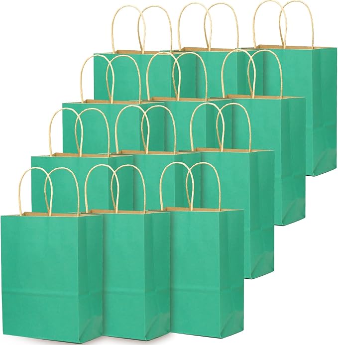 qiqee Large Kraft Paper Bags with Handles 13"x10"x5" 32 pcs Gift Paper Bag Mint Green Solid Color Bags（Large Size）