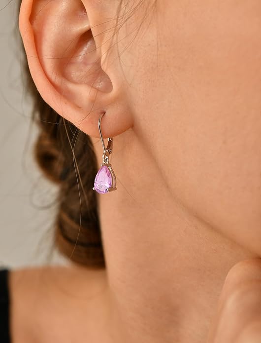 YL 925 Sterling Silver Teardrop Dangle Drop Earrings for Women 7x10 MM Solitaire Birthstone Leverback Jewelry