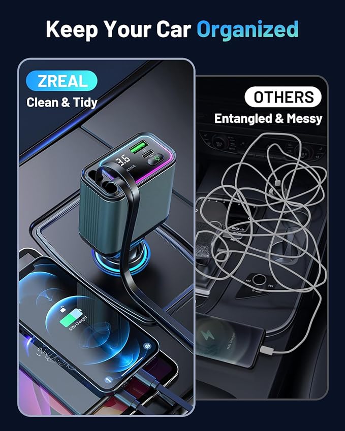 [2 Pack] 4 in 1 Retractable Car Charger with RGB Light, 92W Fast Charging Dual USB C Car Adapter, Compact Car Phone Charger for iPhone/Galaxy/Pixel, Road Trip Essentials (Dual Type C Cable)