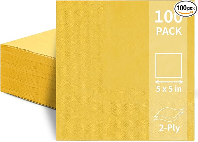 100 Pack Cocktail Napkins, 2-Ply 5x5 Inch Beverage Napkins, Square Edged Disposable Paper Napkins for Wedding, Birthday Party, Dinner, Coffee Bar (Yellow)