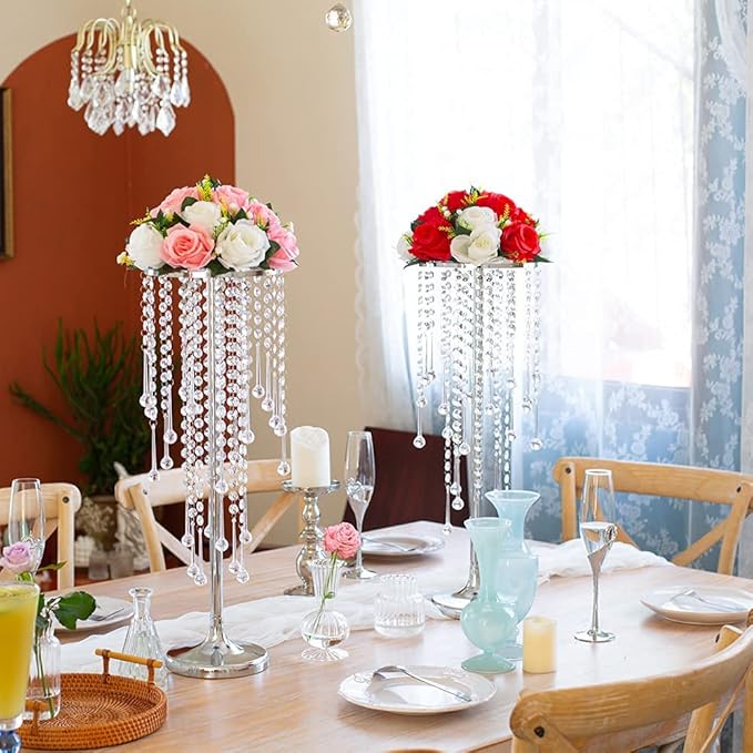 21.6in Wedding Center Stand, Silver Metal Flower Holders Centerpiece Vase with Crystal 2-Piece Charming Candle Holder,for Reception Tables Décor Wedding Anniversary Party Centerpieces