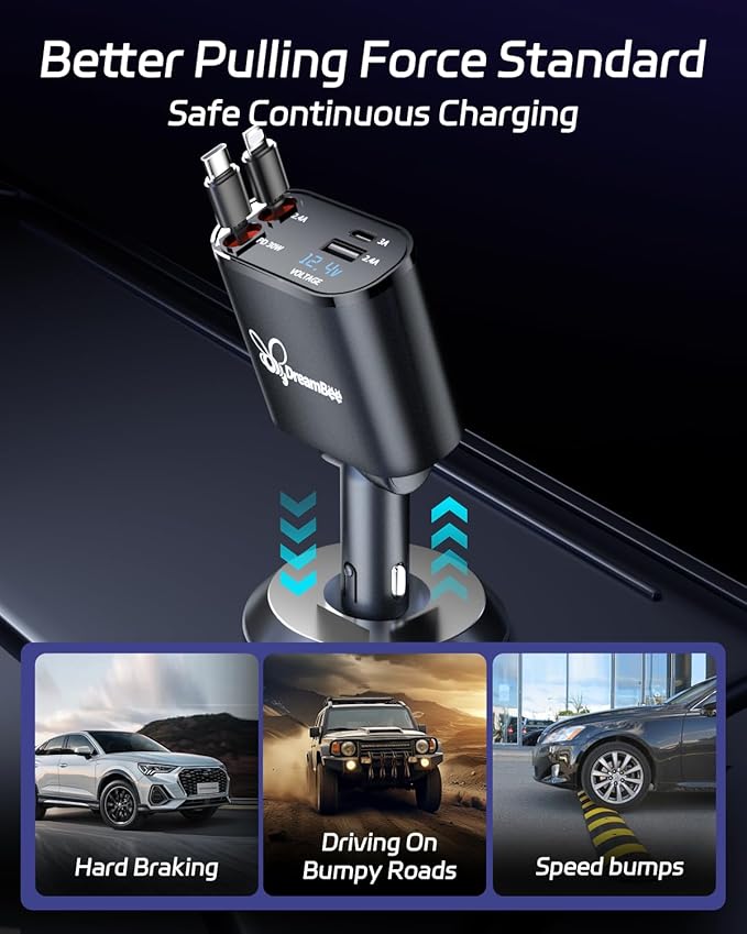 DreamBee Retractable Car Charger,66W 4 in 1 Super Fast Charge Car Phone Charger,Gifts for Men Women Car Truck Accessories for iPhone 15/14/13/12 Pro Max XR,iPad,Samsung,Pixel