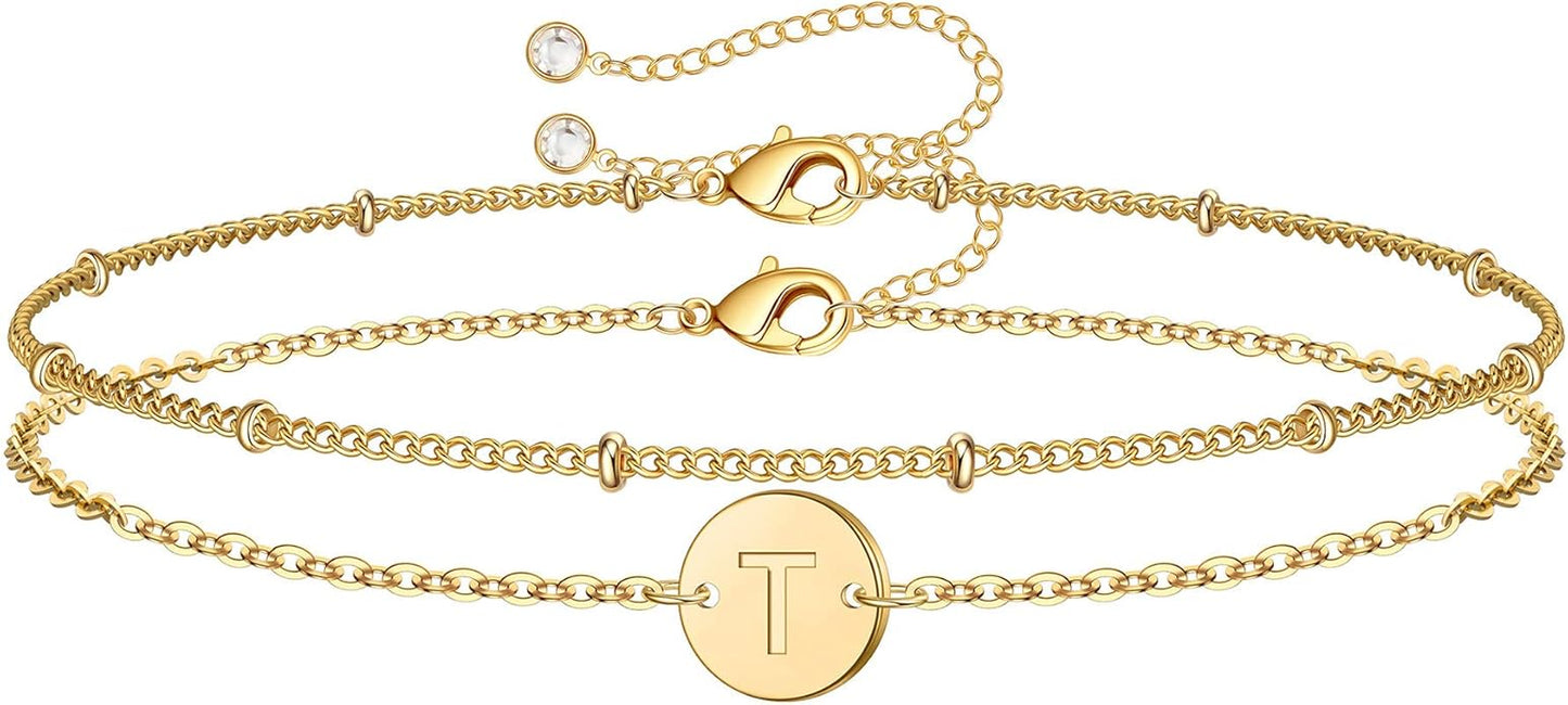 MONOZO Gold Initial Bracelets for Women Girls Valentines Day Gifts - Dainty 14K Gold Plated Layered Beaded Letter Initial Bracelet 26 Alphabet Disc Monogram Charm Bracelet Valentines Day Gifts for Her