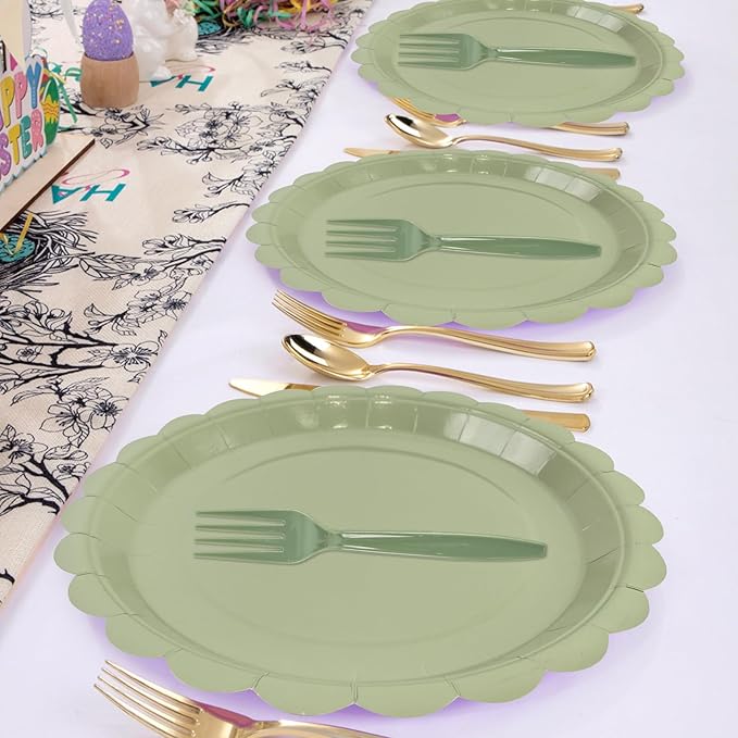 96PCS Sage Green Paper Plates and Napkins, 24 Guest Sage Green Disposable Tableware Set Include Scalloped Paper Plates Napkins and Forks Decoration Party Supplies for Baby Shower Wedding Birthday